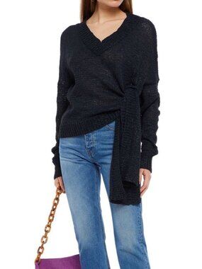 Rodebjer Knotted Open-Knit Sweater Womens XS V-neck Side-Tie Detail Long Sleeve